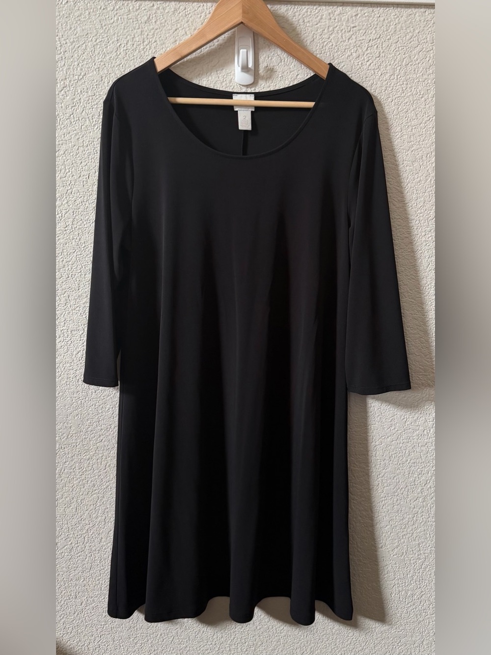 Chicos Size 2 (US Large) Black 3/4 Sleeve Slinky Shift Dress Soft Stretch Career